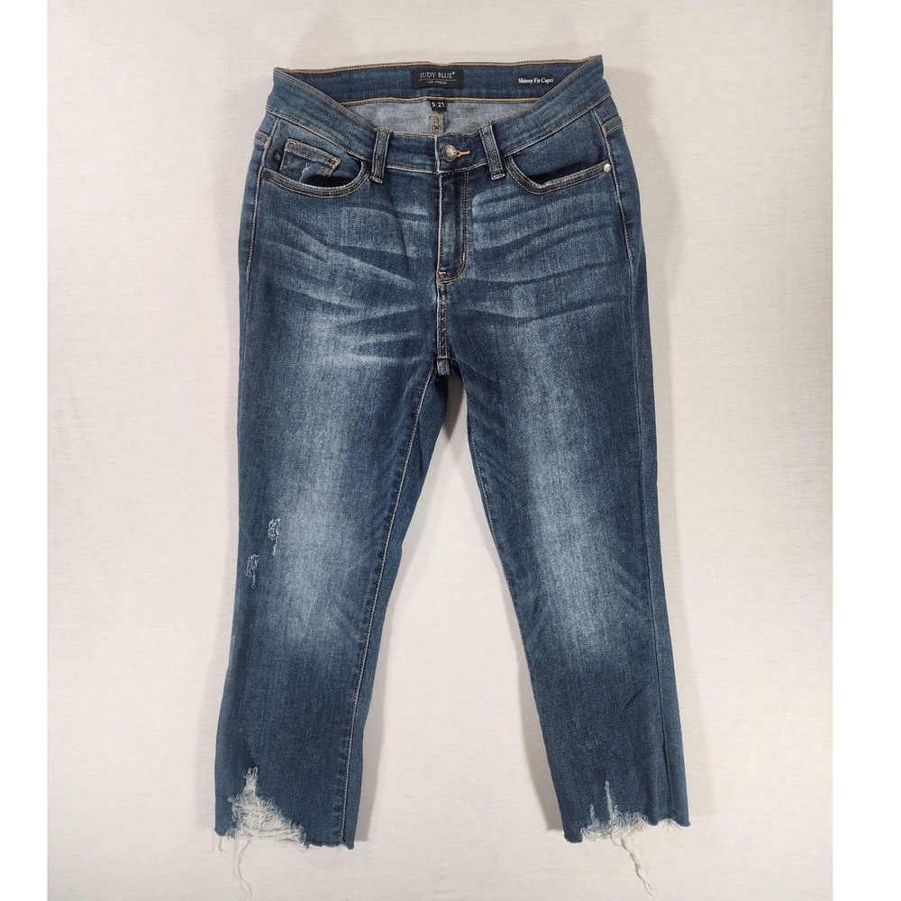 Judy Blue Skinny Fit Capri Womens 5/27 Distressed Blue Denim Raw Hem Jeans